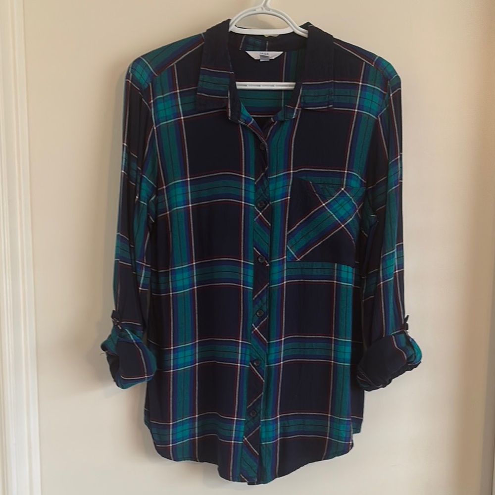 Time and Tru Blue and Green Plaid Button Down Shirt